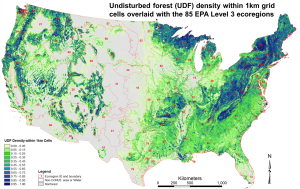 map of percentage undisturbed forest in U.S.