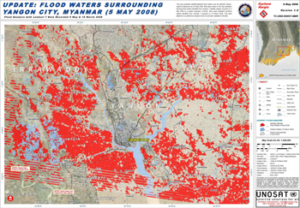 This map illustrates satellite-detected flood waters over the affected Yangon, capital of Myanmar as of 5 May 2008. Red areas shown in the map represent standing flood waters identified from Landsat 7 satellite imagery acquired on 5 May 2008 at a spatial resolution of 28.5 m. Blue areas represent pre-flood waters identified from Landsat 7 acquired on 18 March 2008. This flood detection is a preliminary analysis and has not yet been validated in the field.