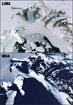The eastern side of the Ross Ice Shelf, Ross Island, Koettlitz Glacier, Ferrar Glacier.