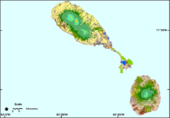 Landsat-derived land use maps of St. Kitts and Nevis Islands.