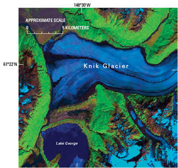 Landsat 7 Enhanced Thematic Mapper Plus (ETM+) false-color composite image of the terminus region of Knik Glacier and adjacent Lake George, east of Anchorage in the Chugach Mountains