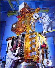 Landsat 7 satellite in the cleanroom prior to launch.