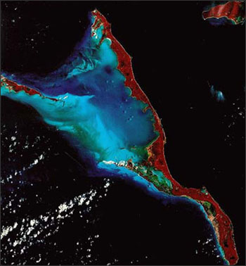 Landsat false-color infrared image of Long Island, Bahamas. 