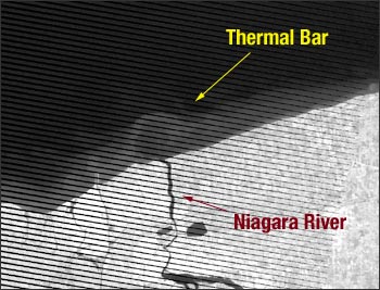 This Landsat 7 thermal image shows the thermal bar along the shore of Lake Ontario