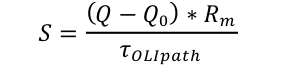 s equals q minus q zero times r m over tau (OLI path)