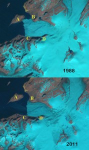 Krivosheina Glacier on Novaya Zemlya seen by Landsat from 1988 to 2011.