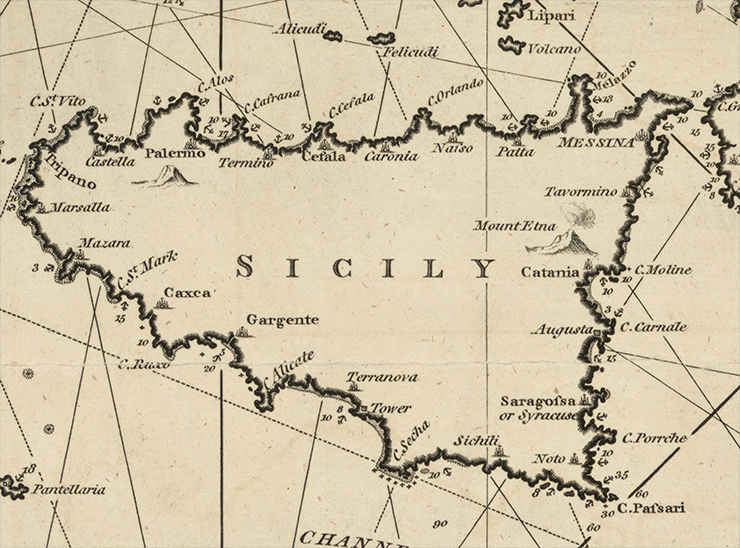 Sicily, from W. Heather & Co.’s A New Chart of the Mediterranean Sea, 1797