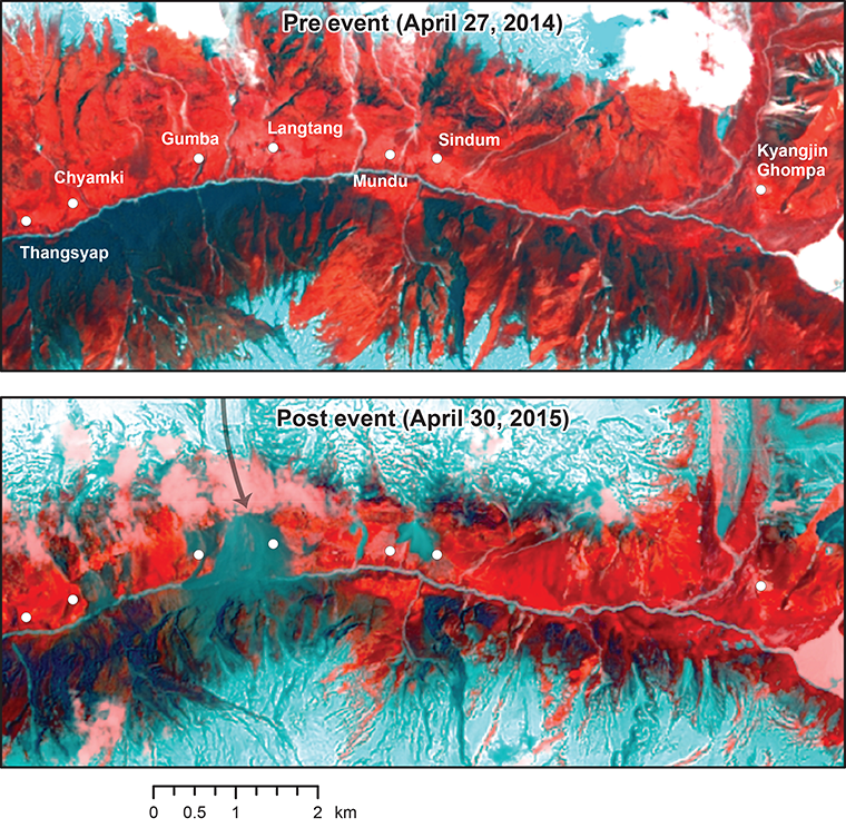 Landsat 8 satellite observations were first obtained over Nepal after the earthquake on April 30. Landsat 8 acquired the first largely cloud-free image of the Langtang Valley. This imagery helped show the true extent of the disaster that took place in Langtang Valley.
