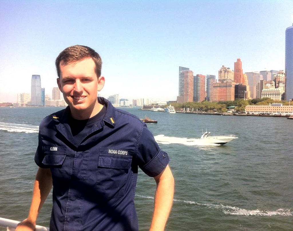 Anthony Klemm, a NOAA Corps Officer, in New York Harbor, aboard the NOAA Ship Thomas Jefferson, a hydrographic survey ship based out of Norfolk, VA