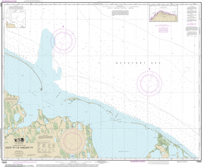 A recent NOAA nautical chart of the Beaufort Sea (Chart 16081: Alaska-Arctic Coast, Scott Pt. to Tangent Pt. ). The massive thumb-shaped shoal at the top left was identified by NOAA using Landsat satellite data.