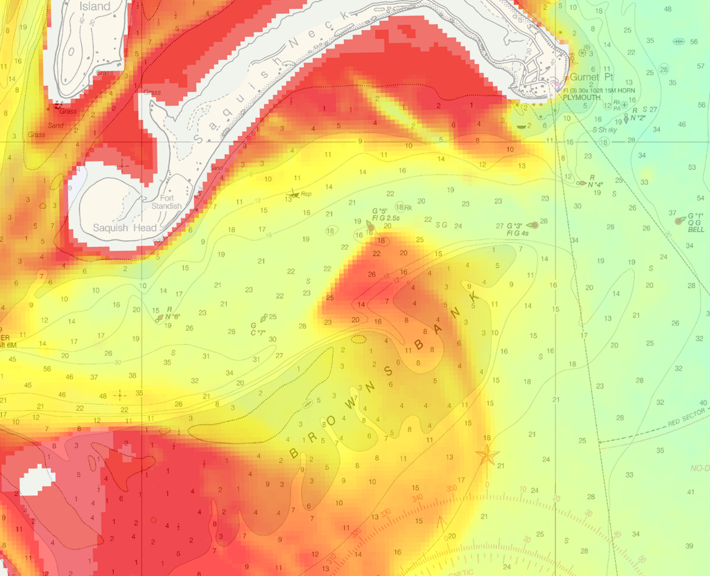 Satellite Derived Bathymetry measurements overlaid on a chart of Plymouth Bay in Massachusetts. The red indicates shallow waters. Here, the SDB indicates that the the shoaling of Brown’s Bank has shifted since the chart’s creation.