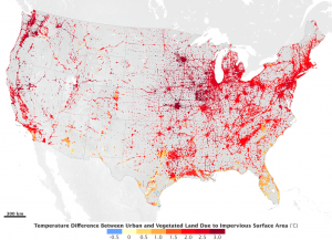 Temperature difference of U.S. urban areas