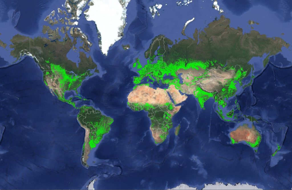 This map shows cropland distribution across the world in a nominal 30-meter resolution.