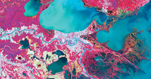 This image, taken by Landsat 8 and processed by TellusLabs, shows New Orleans as it sits along the Gulf of Mexico