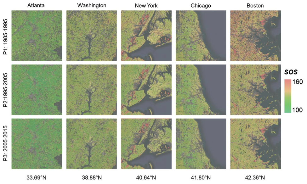 Vegetation phenology indicator of start of season (SOS), determined based on Landsat observations in five representative cities in the United States.