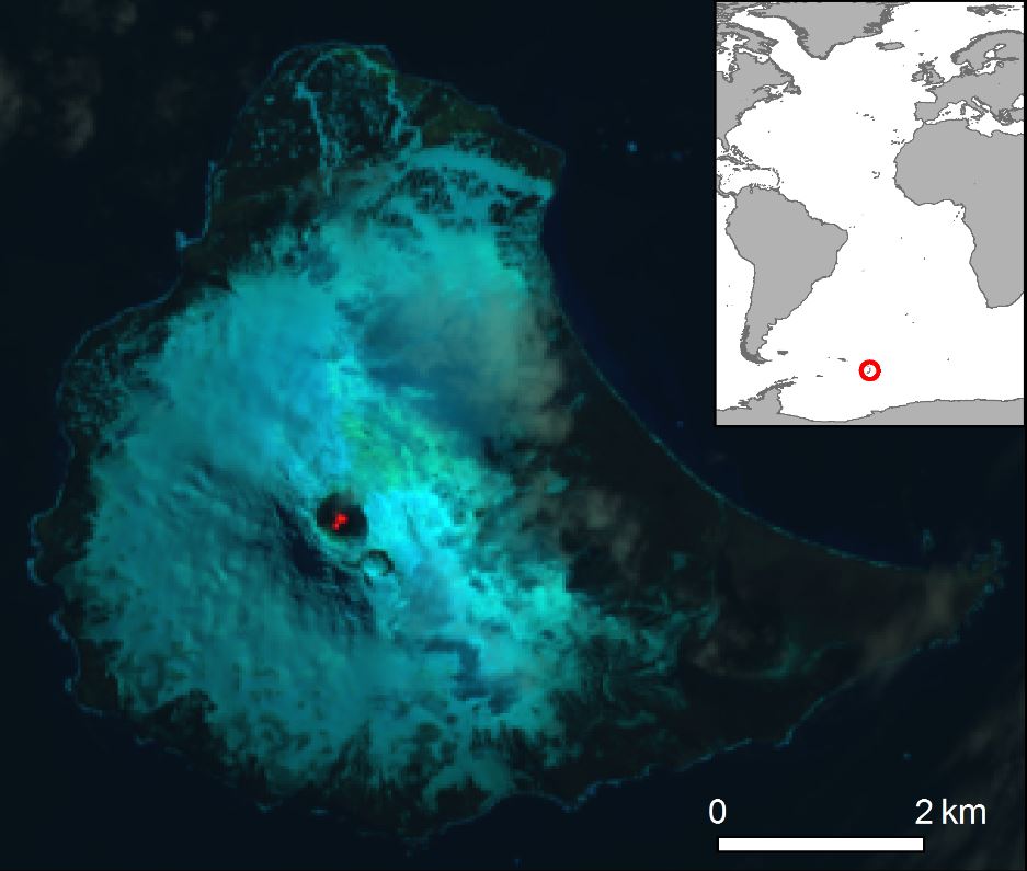 False-color Landsat 8 satellite image of Saunders Island