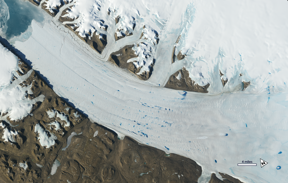 Meltwater lakes form on the surface of Greenland’s Petermann Glacier