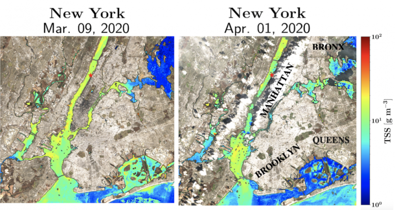 Maps of water turbidity compiled using data from NASA’s Landsat 8 satellite before and during the lockdowns in New York.