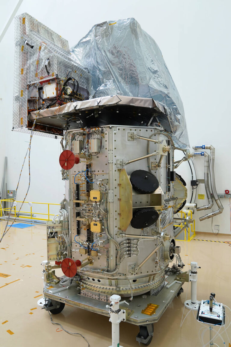 TIRS-2 is on the top left, and OLI-2 is on the top right; both are attached to the Landsat 9 satellite bus