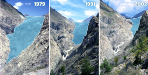 A ground photo of a glacier shrinking from 1979 to 2002