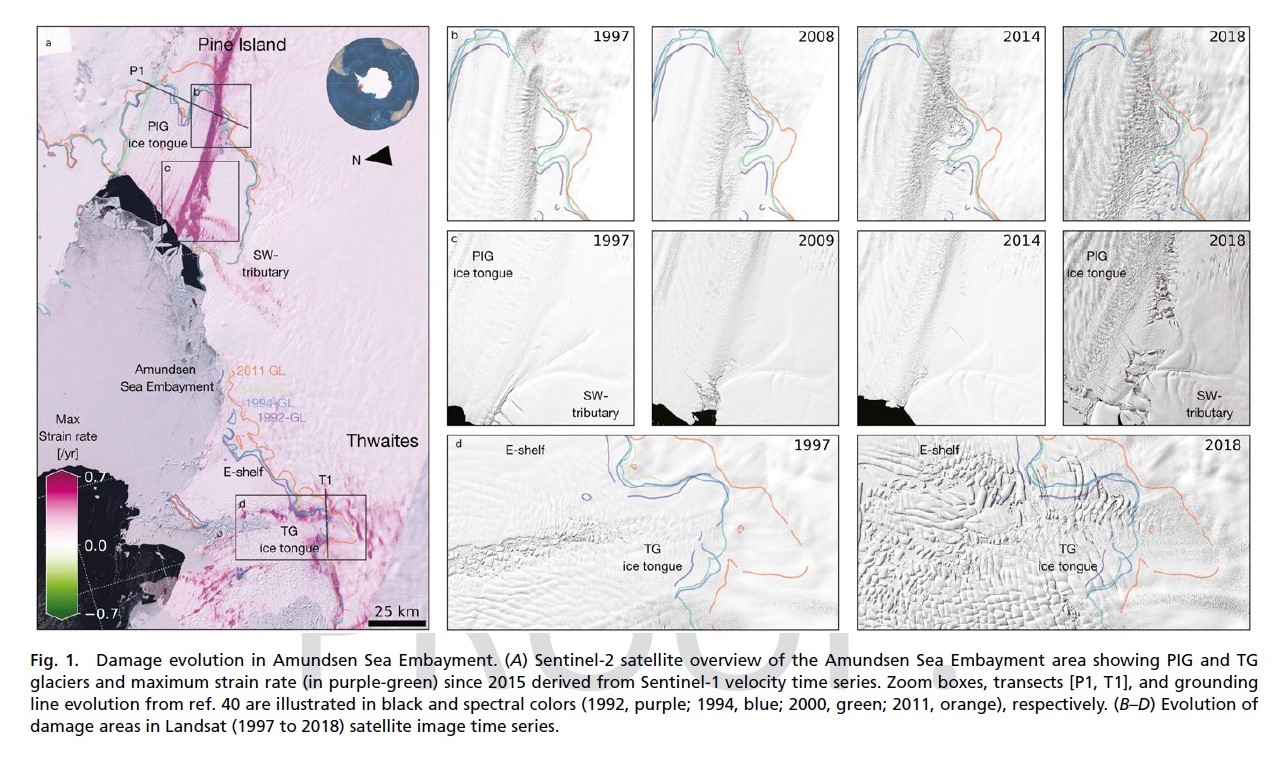 Damage evolution in Amundsen Sea Embayment as witnessed by satellites including NASA/USGS Landsat