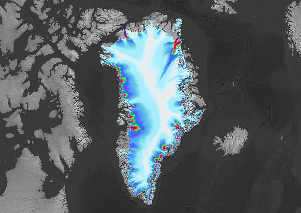 Greenland appears in this image created using data from the ITS_LIVE project