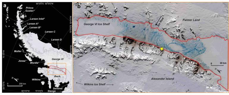 Satellite image of meltwater on George VI Ice Shelf in Jan. 2020