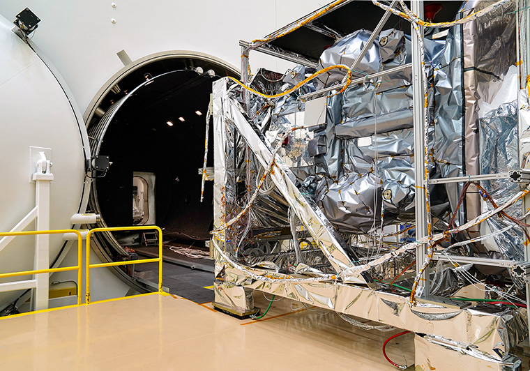 The fully integrated Landsat 9 satellite completed a 42-day thermal vacuum test, which simulated the harsh conditions of space to ensure that the satellite will function properly in orbit. The satellite’s launch is scheduled for September 2021. (Credit: Northrop Grumman)