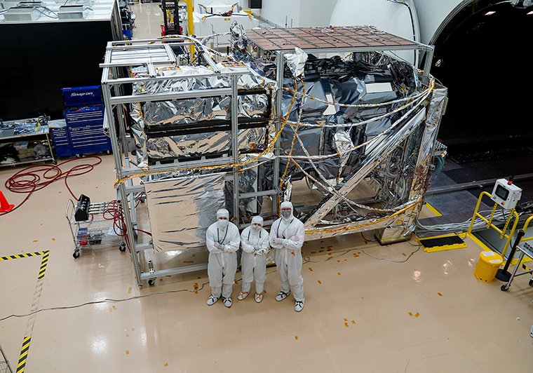 The fully integrated Landsat 9 satellite completed a 42-day thermal vacuum test, which simulated the harsh conditions of space to ensure that the satellite will function properly in orbit. The satellite’s launch is scheduled for September 2021. (Credit: Northrop Grumman)