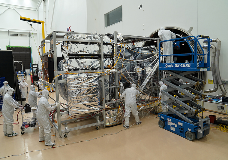 The fully integrated Landsat 9 satellite completed a 42-day thermal vacuum test, which simulated the harsh conditions of space to ensure that the satellite will function properly in orbit. The satellite’s launch is scheduled for September 2021. (Credit: Northrop Grumman)