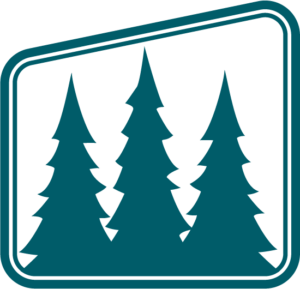 Camp Landsat forest icon that features 3 teal trees surrounded by an asymmetrical double-lined border.