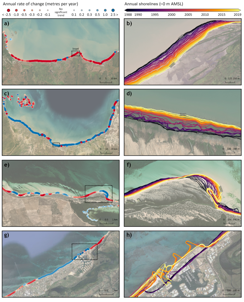 Hotspots of coastline change as measured with DEA Coastlines and Landsat