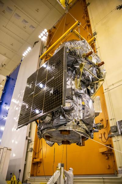 The Landsat 9 observatory being lifted
