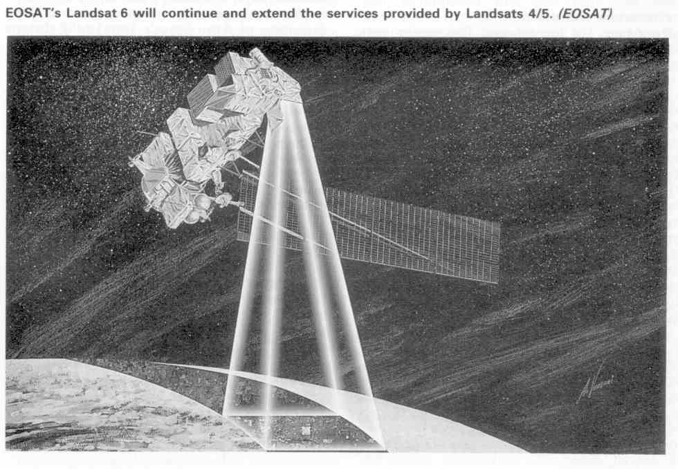 Sketch of Landsat 6 satellite in orbit.