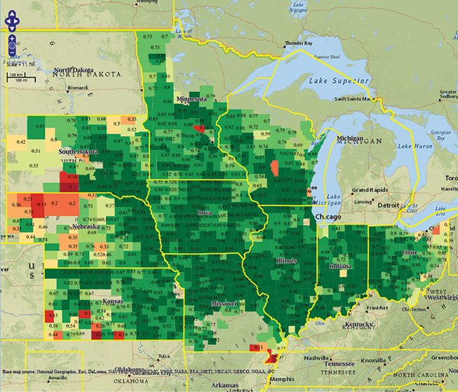 This map shows the correlations between GDA Corporation’s crop yield forecasts and the U.S. Department of Agriculture’s forecasts at the county level between 2005 and 2017