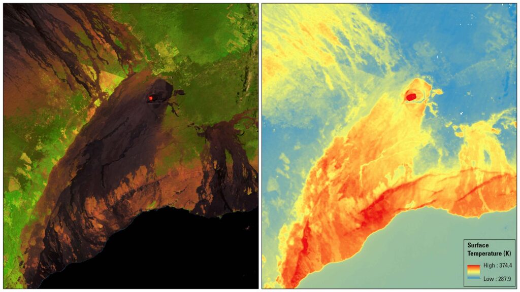 Landsat 9 image and surface temperature map of Kilauea in Hawaii