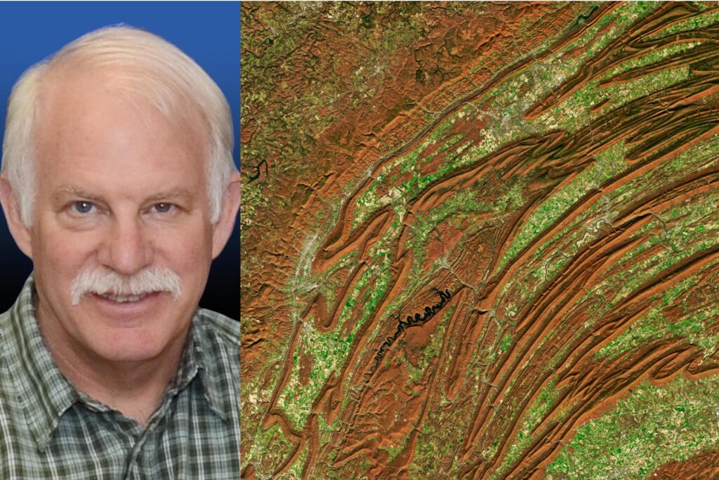 Jim Irons (left); image of the ridge and valleys around Harrisburg, Pennsylvania (right)