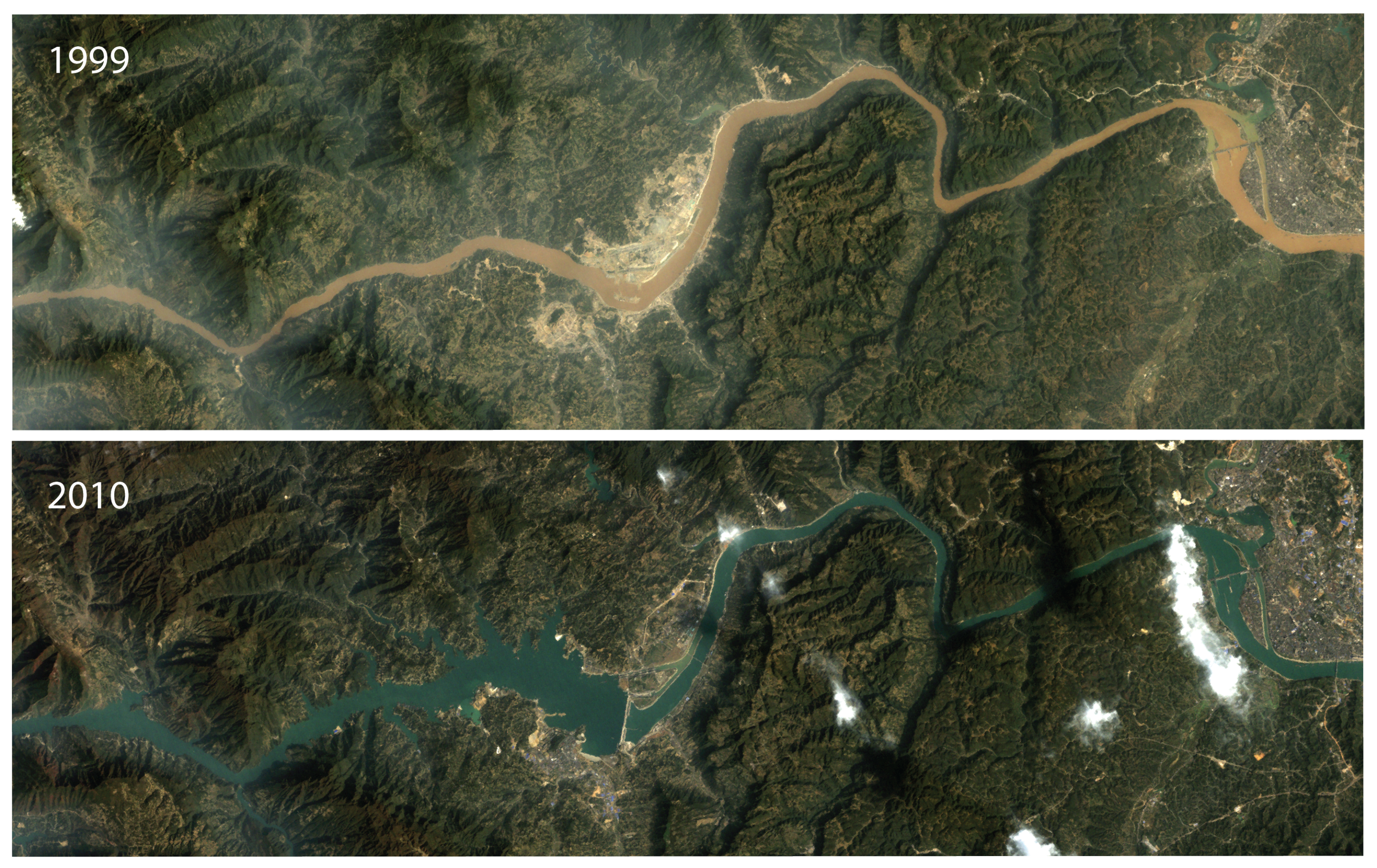 Three Gorges Dam during and after construction