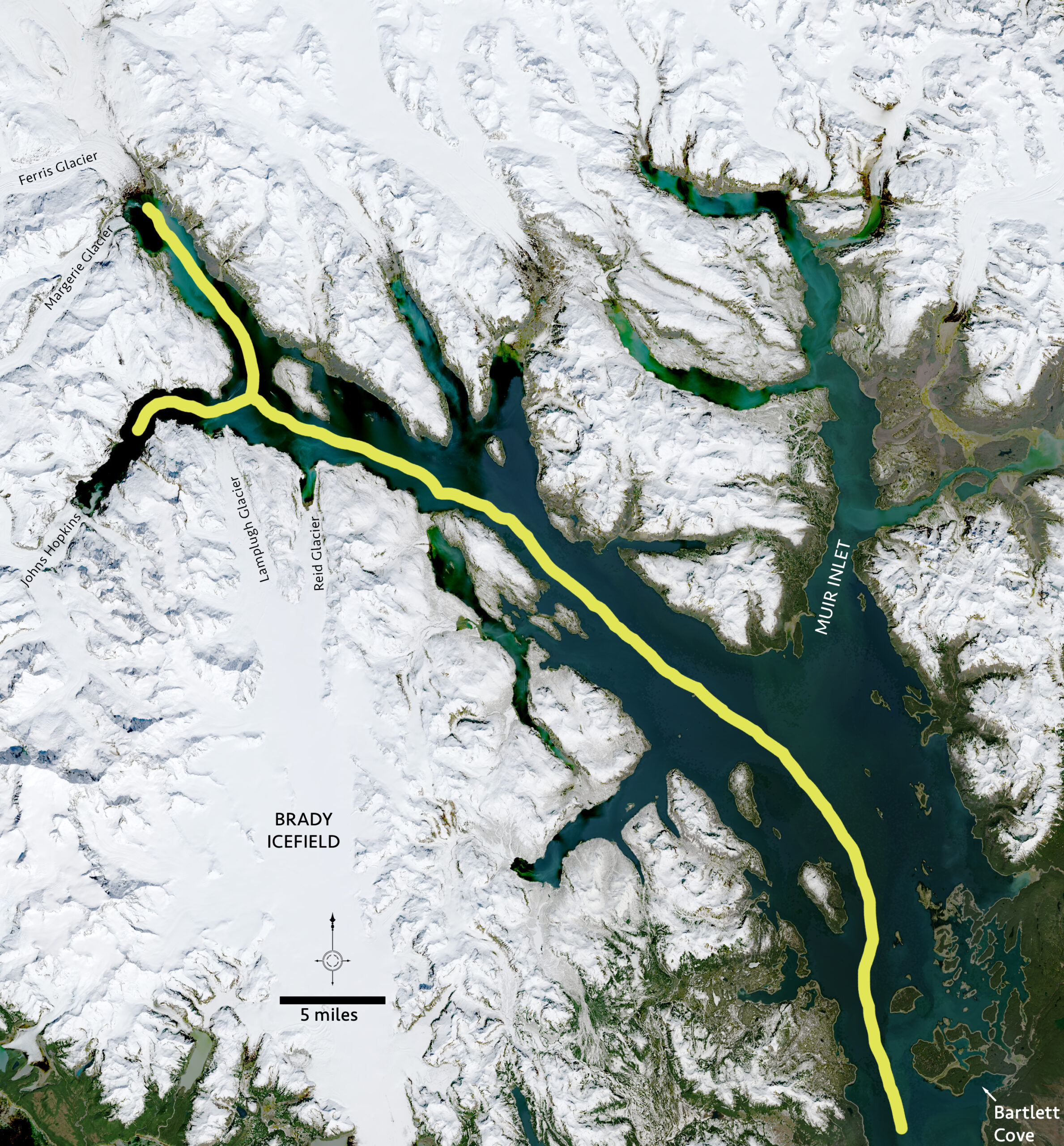 Landsat 8 image of Glacier Bay showing the cruise ship route