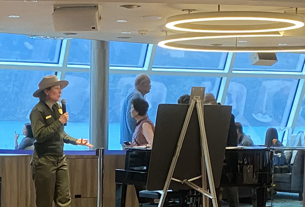 NPS Ranger Buchheit talks to cruise ship passengers in Glacier Bay