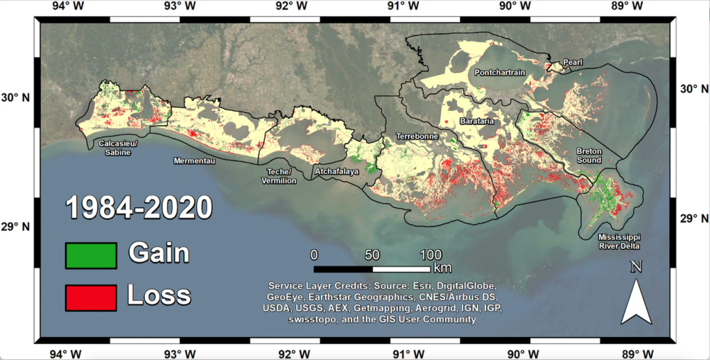 Land change in coastal Louisiana, 1984–2020