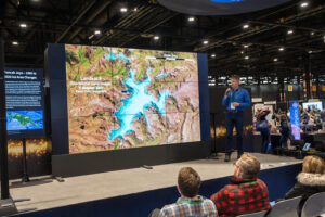 Doug Morton, the Chief of the Biospheric Sciences Laboratory at NASA's Goddard Space Flight Center gave a Landsat Hyperwall talk at #AGU22. Photo credit: