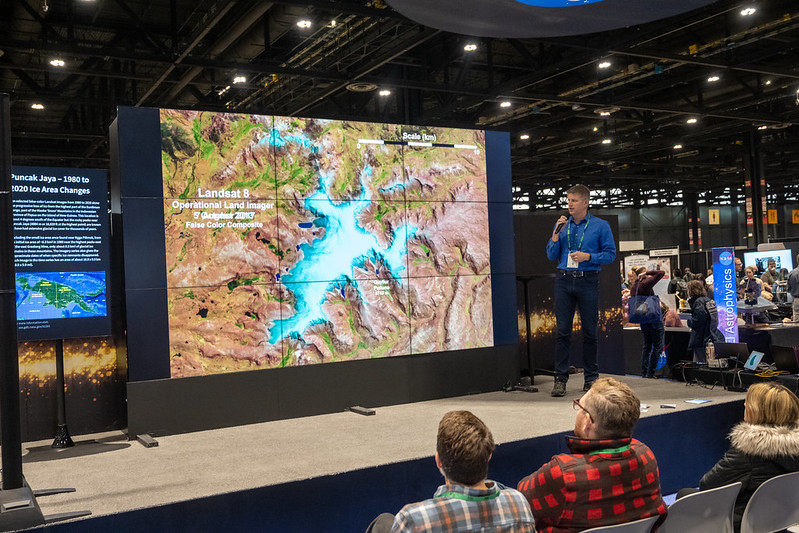 Doug Morton, the Chief of the Biospheric Sciences Laboratory at NASA's Goddard Space Flight Center gave a Landsat Hyperwall talk at #AGU22. Photo credit: