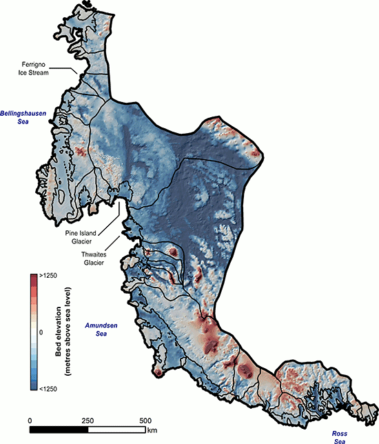 West Antarctica bed elevation and ice flow speed.