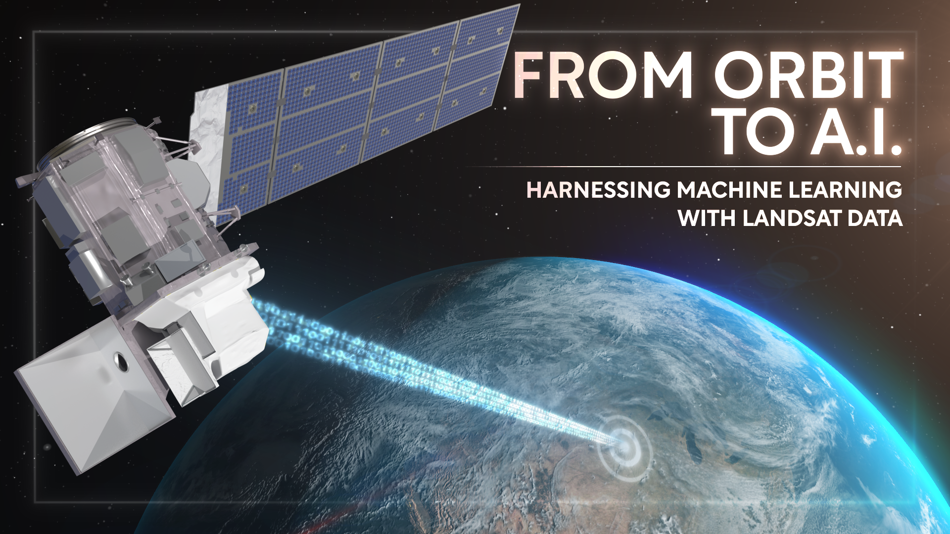 For Orbit to A.I. a thumbnail image showing an artist's rendering of the Landsat 9 satellite downlinking data to Earth.