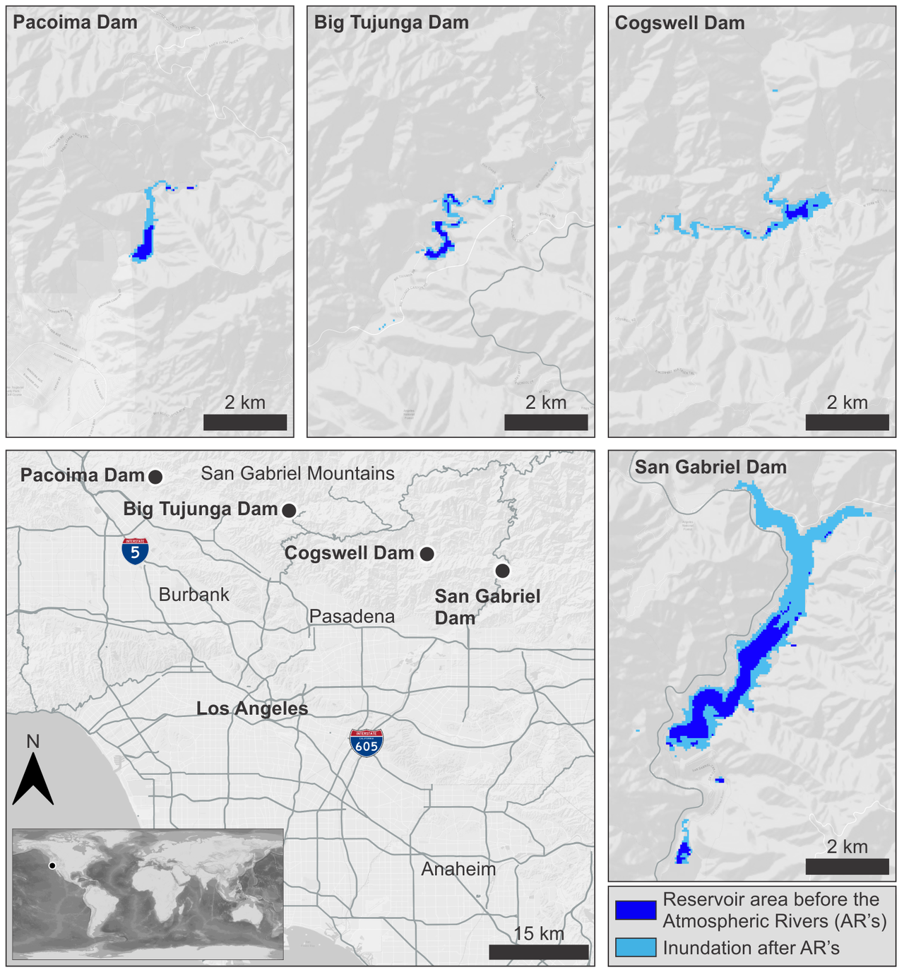 Map showing four California reservoirs before and after the 2022-2023 winter atmospheric river events.  All reservoirs are much larger following the heavy rains.
