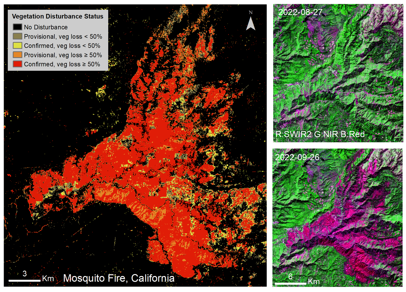 Vegetation disturbance map of the Mosquito Fire in California. A donkey-head-shapped area of severe (>50%) vegetation loss is shown. Before (Aug. 27, 2022) and after (Sept. 26, 2022) images are shown on the image right.