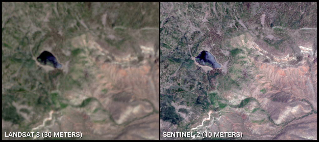 Difference in spatial resolution between Landsat 8 and Sentinel-2.