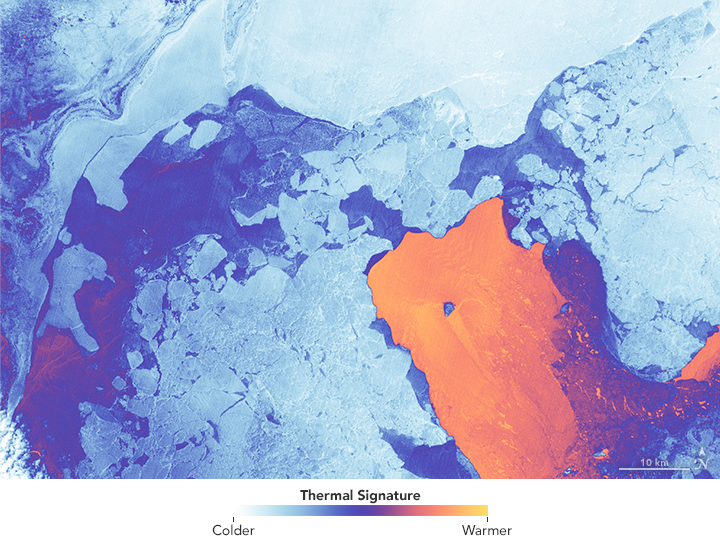 Grounded sea ice in the Caspian Sea. A dot of purple in a patch of orange.