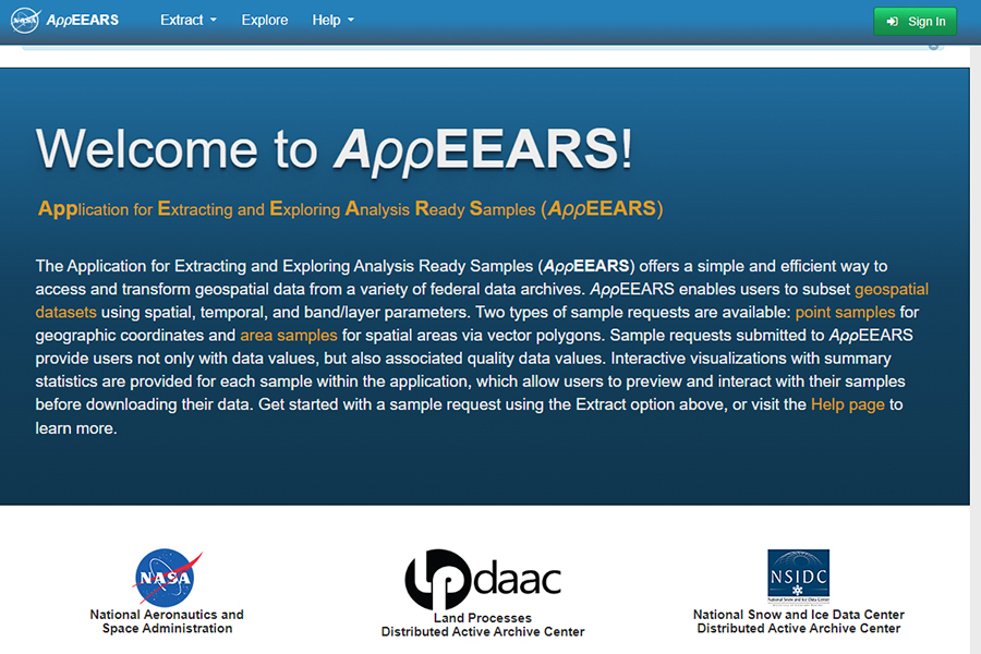Thumbnail image of the NASA AppEARS webpage
